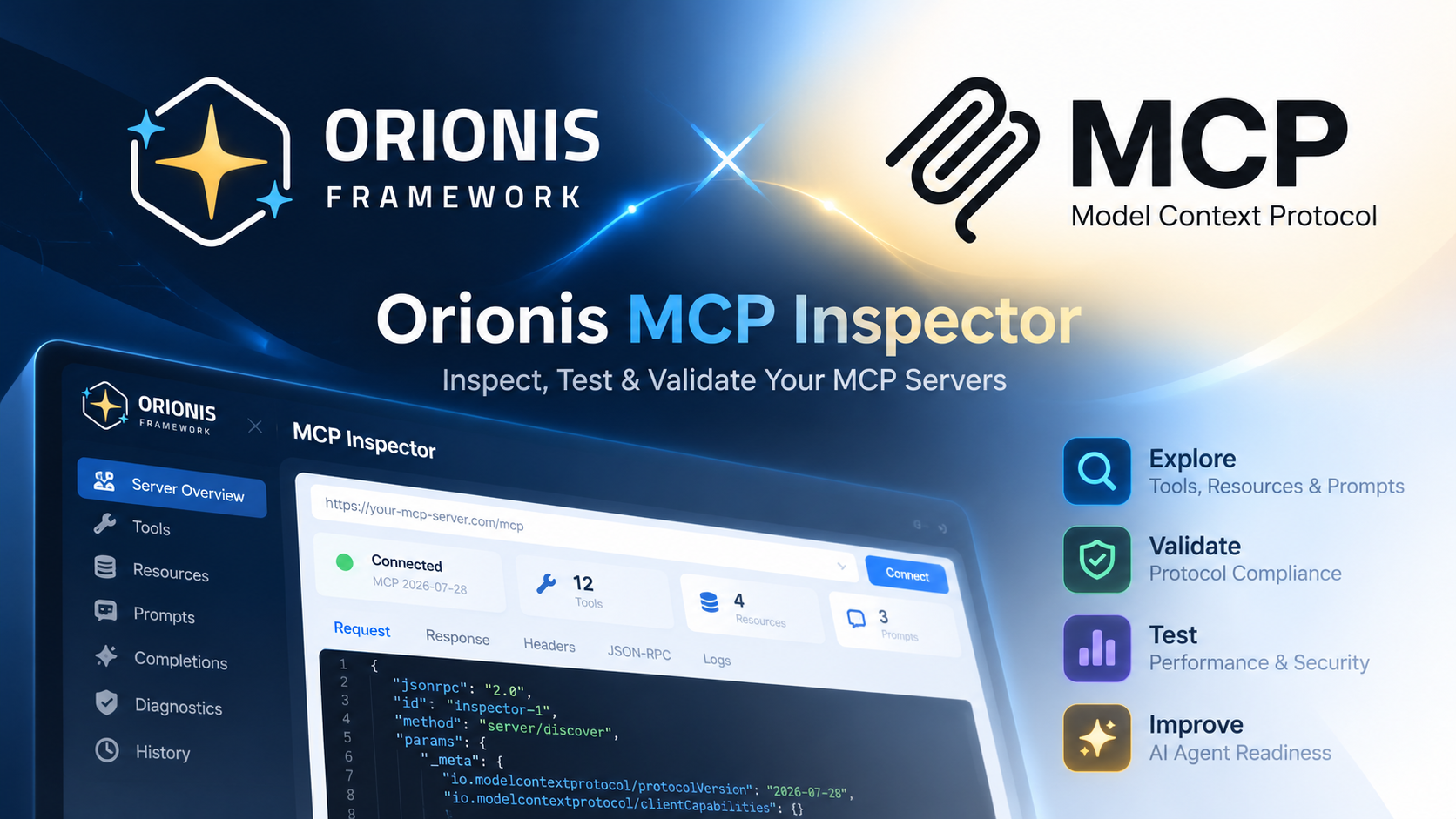 Promotional illustration of Orionis MCP Inspector showing the Orionis Framework and MCP identities, protocol inspection and validation features.